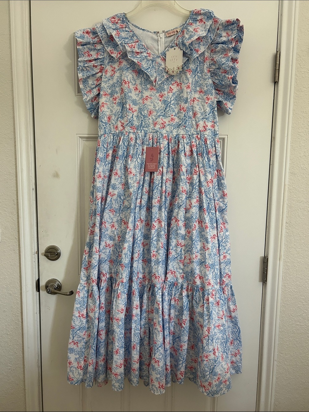 Ivy City Co Blue & Pink Floral Ruffle Midi Dress New W/Tag.